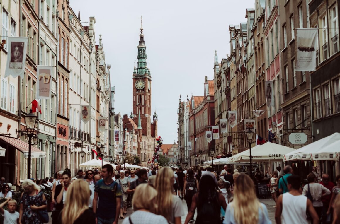 A busy shopping street in Gdansk, Poland