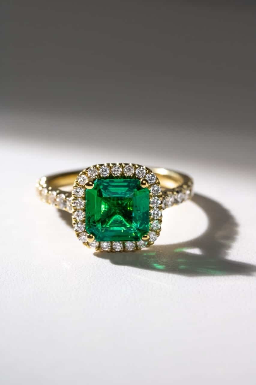 a green diamond engagement ring with white diamonds around it.