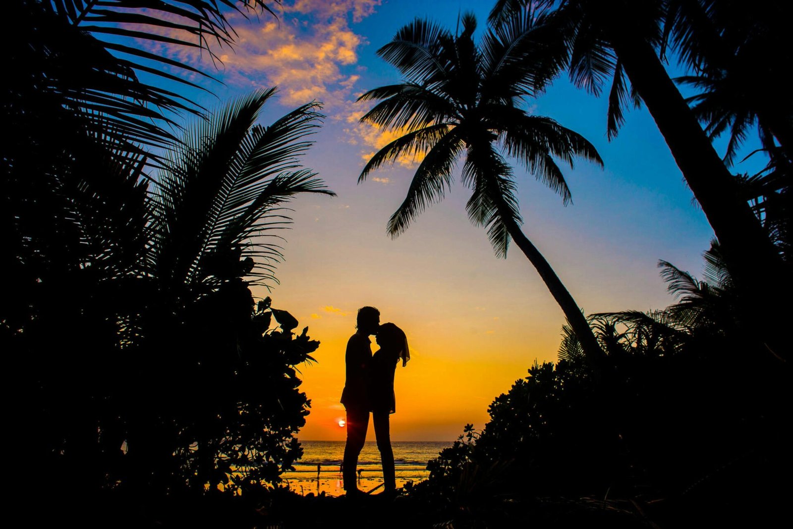 A couple kissing in the sunset on a beach