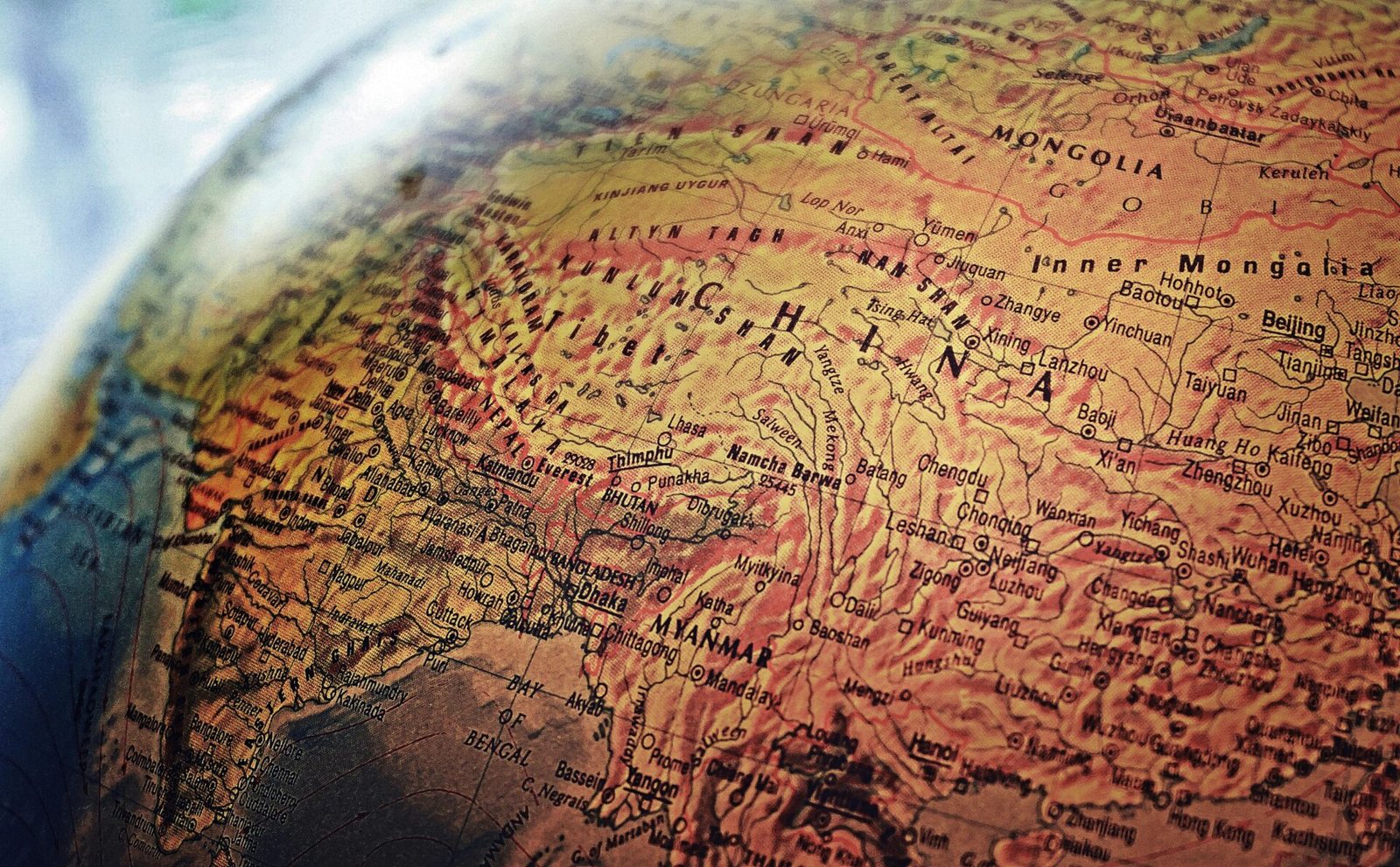 Close-up of globe showing China, Mongolia, and surrounding Asian countries