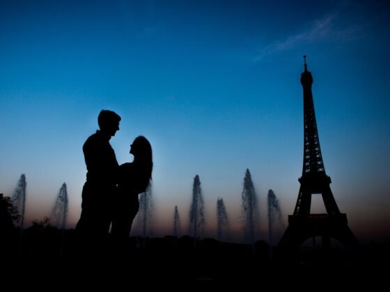 Silhouette of a couple hugging at Eiffel Tower, Paris