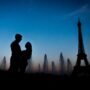 Silhouette of a couple hugging at Eiffel Tower, Paris